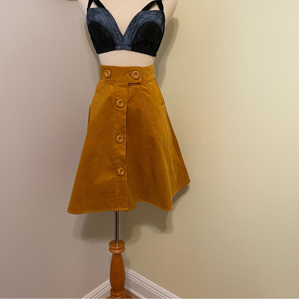 Mustard Corduroy button front flare skirt by Hell Bunny XS